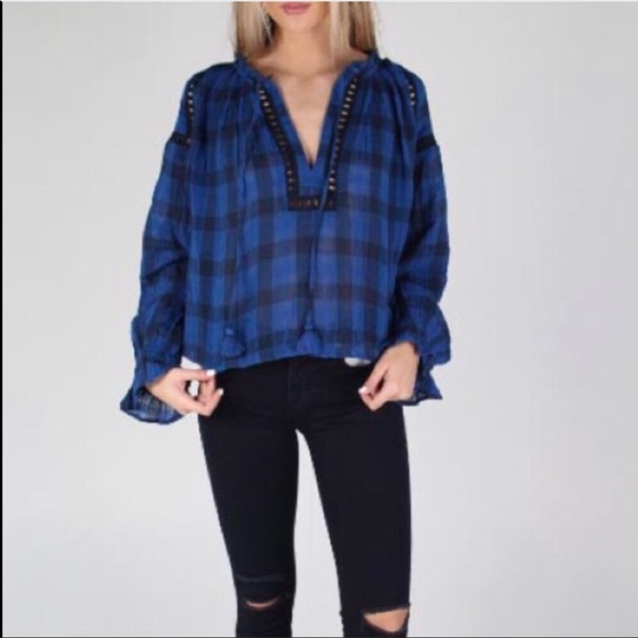 Free People Honey Grove blue plaid size large top - Picture 3 of 8